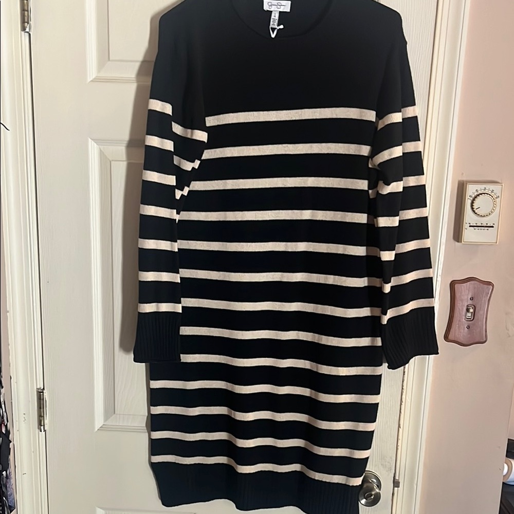 Black and tan Striped Sweater Dress